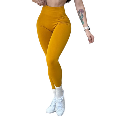 Leggings Deportivos para Mujer Fitness: Seamless Efecto Push Up y Burbuja, Cintura Alta, Textil Tejido Liso Suave Transpirable , Color Amarillo Mostaza | Adriana Olimpo
