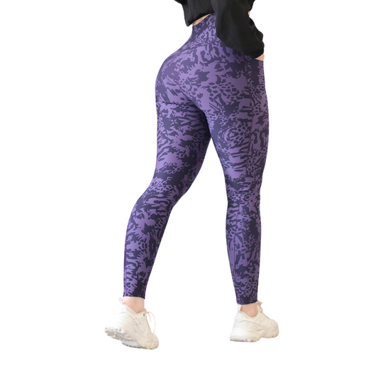 Leggings Deportivos para Mujer Fitness: Efecto Básico, Cintura Alta, Con Bolsillos Laterales, Textil Lycra Transpirable con Acabado Liso Abstracto, Color Purpura  | Adriana Olimpo