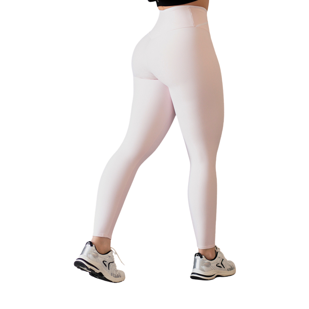 Leggings Deportivos para Mujer Fitness:  Efecto Básico, Cintura Alta, Textil Lycra Transpirable con Relieves de Lineas, Color Rosa Limonada | Adriana Olimpo
