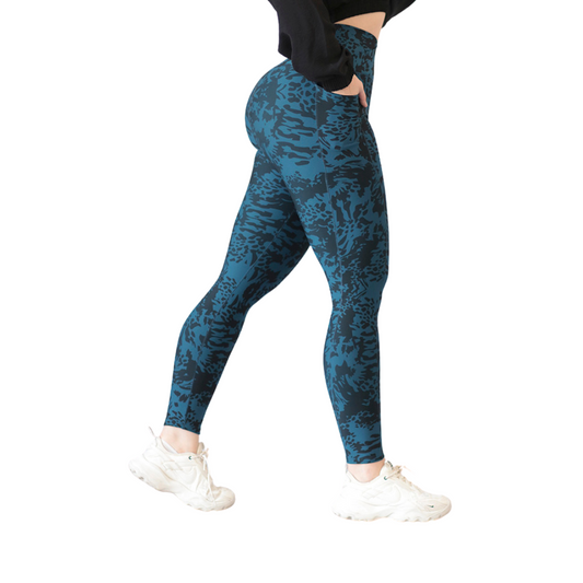 Leggings Deportivos para Mujer Fitness: Efecto Básico, Cintura Alta, Con Bolsillos Laterales, Textil Lycra Transpirable con Acabado Liso Abstracto, Color Verde Aqua | Adriana Olimpo