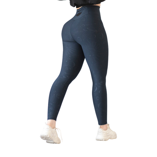 Leggings Deportivos para Mujer Fitness:  Efecto Básico, Cintura Alta, Textil Lycra Transpirable con Relieves Estelares, Color Azul Marino | Adriana Olimpo