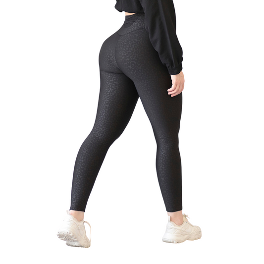 Leggings Deportivos para Mujer Fitness:  Efecto Básico, Cintura Alta, Textil Lycra Transpirable con Relieves Print, Color Negro | Adriana Olimpo