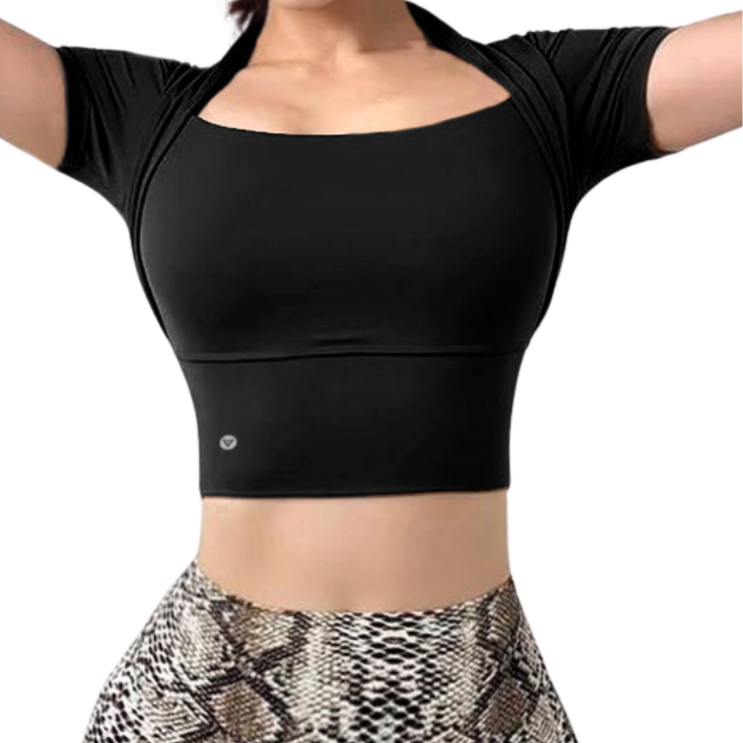 Blusa Deportiva para Mujer Fitness: Manga Corta, Textil Lycra Transpirable con Acabado Liso, Color Negra | Adriana Olimpo