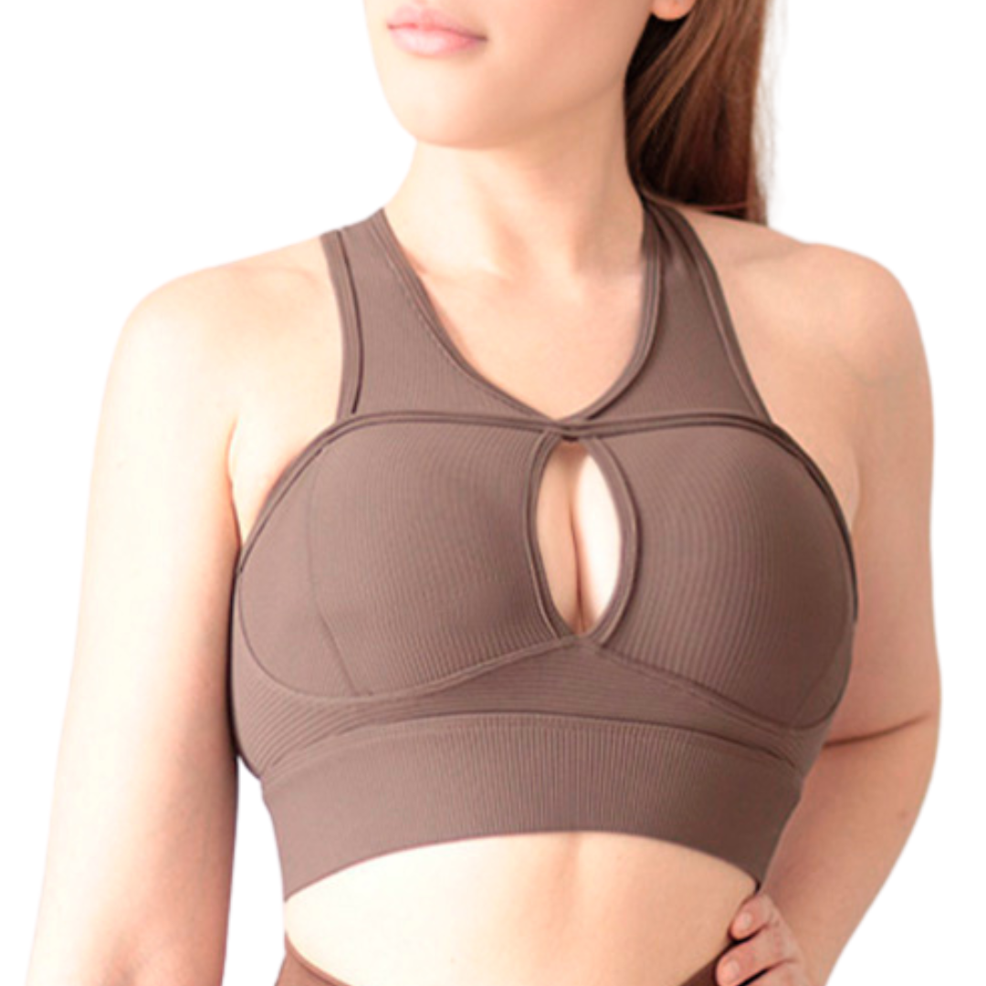 Top para Mujer Fitness: Efecto Alto Impacto, Ajuste Perfecto, Con avertura para Copas, Textil Texturizado, Transpirable, Color Avellana | Adriana Olimpo