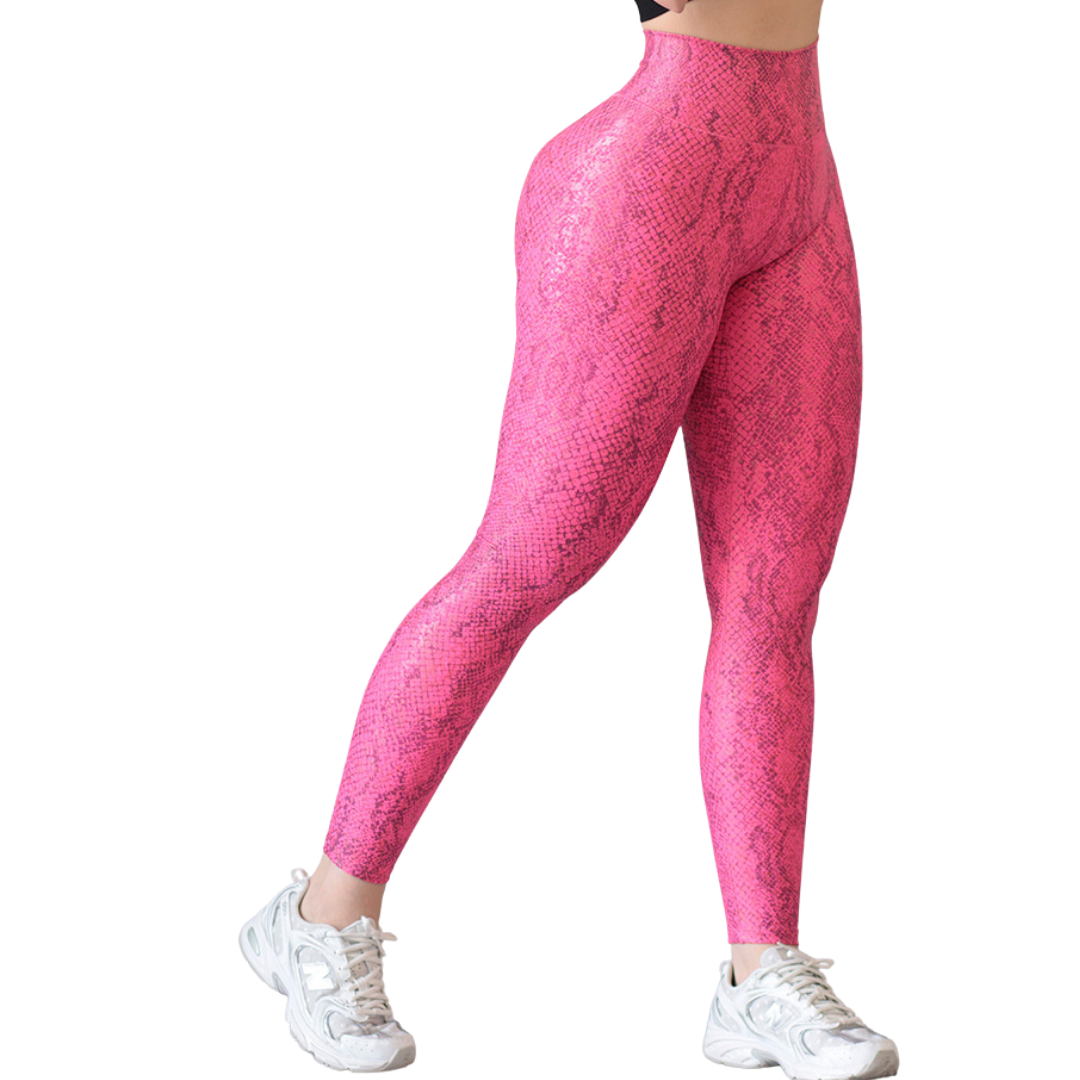 Leggings Deportivos para Mujer Fitness:  Efecto Push Up, Cintura Alta, Textil Lycra Transpirable con Destellos Reflectantes✨ y Relieves, Color Negro Rosa Neón | Adriana Olimpo