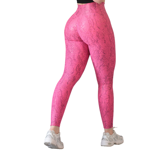 Leggings Deportivos para Mujer Fitness:  Efecto Push Up, Cintura Alta, Textil Lycra Transpirable con Destellos Reflectantes✨ y Relieves, Color Negro Rosa Neón | Adriana Olimpo