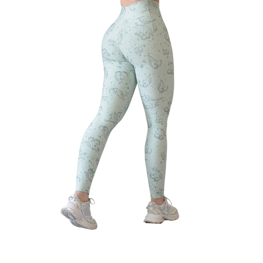 Leggings deportivos supplex para mujer, efecto push up con cintura alta, textil lycra transpirable con acabado liso. Color aqua floral | Adriana Olimpo