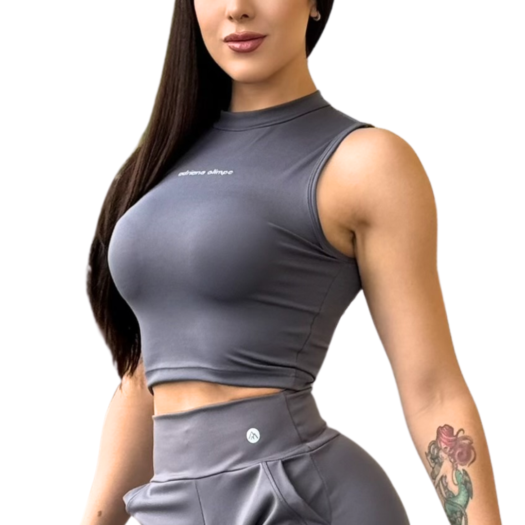 Blusa para Mujer Fitness: Sin Manga, Cuello Redondo, Textil Lycra Transpirable Acabado Liso, Color Gris | Adriana Olimpo