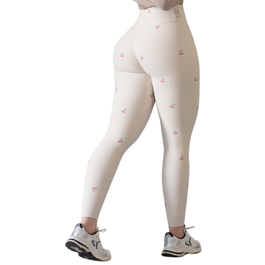 Leggings Deportivos para Mujer Fitness:  Efecto Push Up, Cintura Alta, Textil Lycra Transpirable con Relieves Lineas Cerezas, Color Beige  | Adriana Olimpo