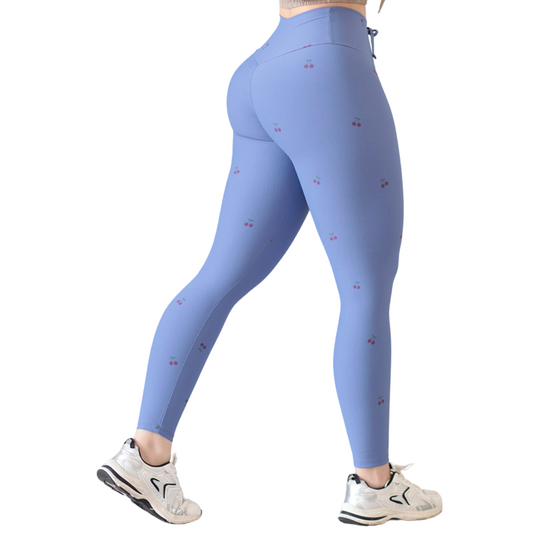 Leggings Deportivos para Mujer Fitness:  Efecto Push Up, Cintura Alta, Textil Lycra Transpirable con Relieves Lineas Cerezas, Color Azul  | Adriana Olimpo