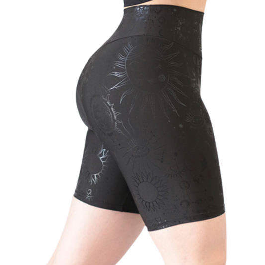 Biker Deportivos para Mujer Fitness:  Efecto Básico, Cintura Alta, Textil Lycra Transpirable con Destellos Reflectantes✨ y Relieves Sol, Color Negro | Adriana Olimpo