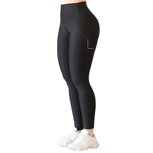Leggings Deportivos para Mujer Fitness: Efecto Básico, Cintura Alta, Con Bolsillos Laterales, Textil Lycra Transpirable con Relieves Asteria,  Color Negro | Adriana Olimpo