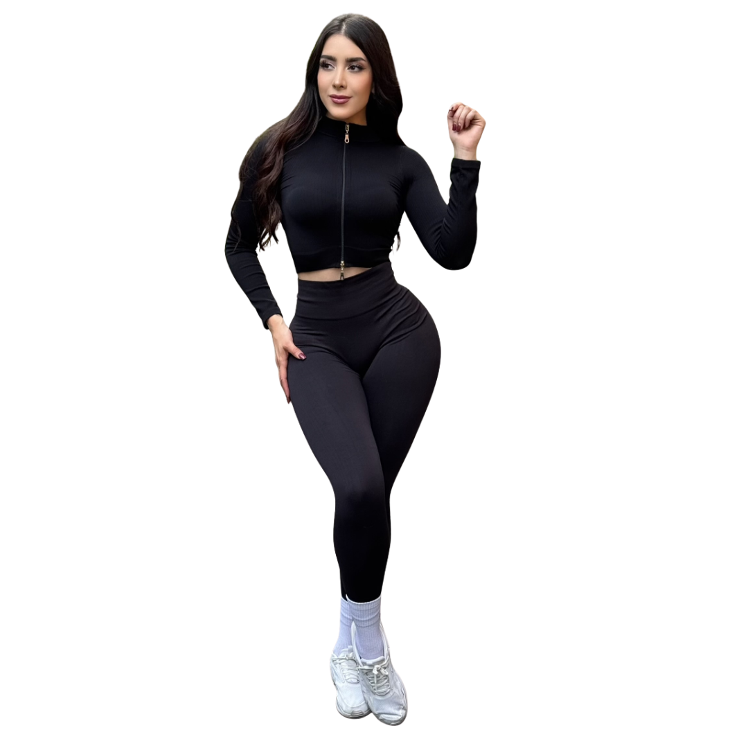 Chamarra deportiva manga larga | Transpirable, Relieves – Negro