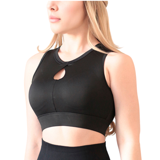 Top para Mujer Fitness: Efecto Alto Impacto, Ajuste Perfecto, Con Copas, Textil Liso, Transpirable, Color Negro Eclipse | Adriana Olimpo