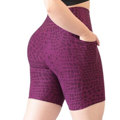 Biker Deportivos para Mujer Fitness: Efecto Básico, Cintura Alta, Con Bolsillos Laterales, Textil Lycra Transpirable con Acabado Liso Leopardp, Color Moras | Adriana Olimpo