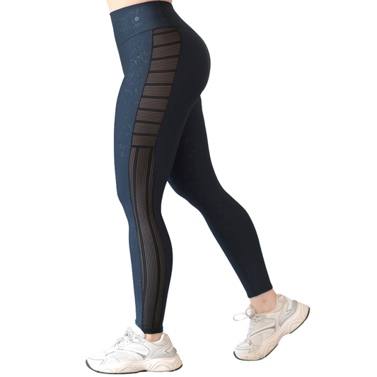 Leggings Deportivos para Mujer Fitness:  Efecto Básico, Cintura Alta, Textil Lycra Transpirable con Relieves Rayos y Transparencia, Color Azul Eclipse | Adriana Olimpo