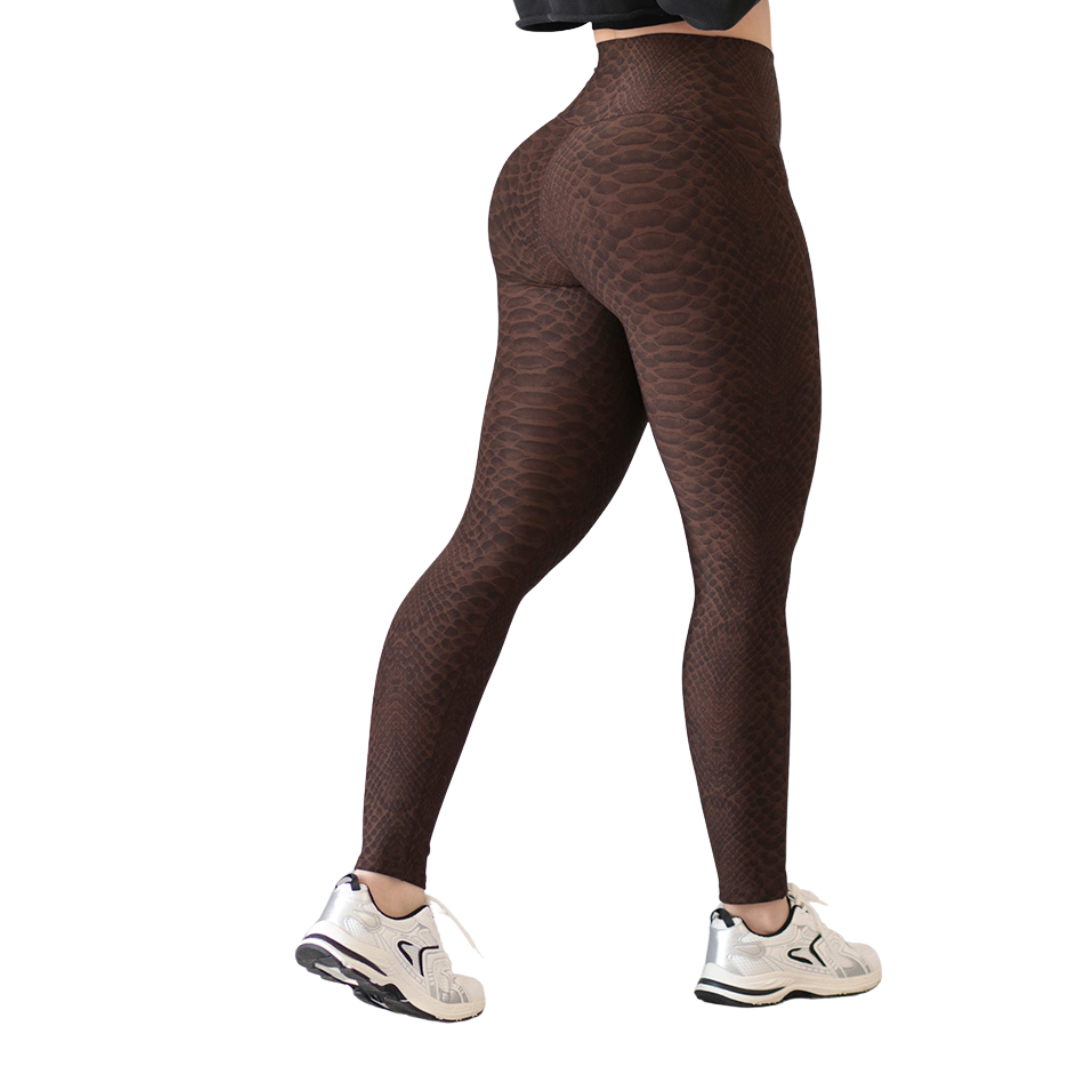 Leggings Deportivos para Mujer Fitness: Efecto Basico, Cintura Alta, Textil Lycra Transpirable con Acabado Liso Reptil, Color Castaño | Adriana Olimpo
