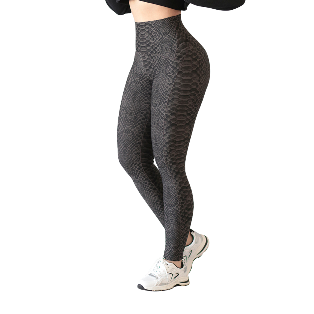 Leggings Deportivos para Mujer Fitness: Efecto Basico, Cintura Alta, Textil Lycra Transpirable con Acabado Liso Reptil, Color Gris | Adriana Olimpo