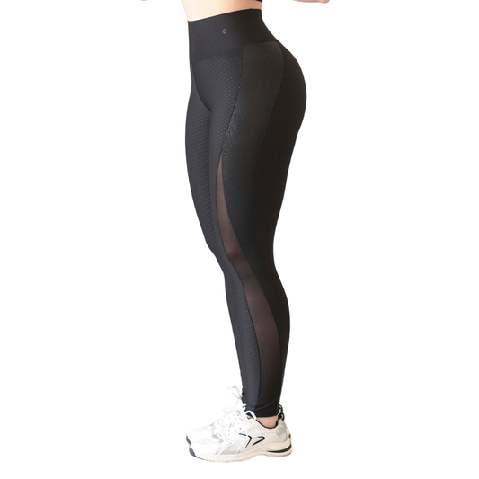 Leggings Deportivos para Mujer Fitness:  Efecto Básico, Cintura Alta, Textil Lycra Transpirable con Relieves Y Transparencia, Color Negro | Adriana Olimpo