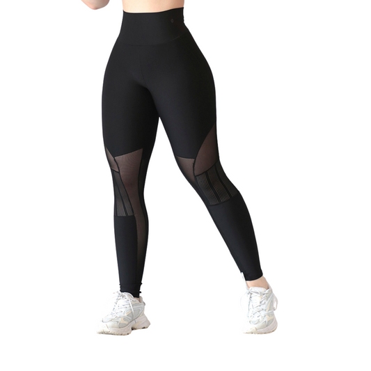Leggings deportivos Suplex para mujer, efecto básico con cintura alta, textil lycra transpirable con acabado liso mesh. Color negro | Adriana Olimpo