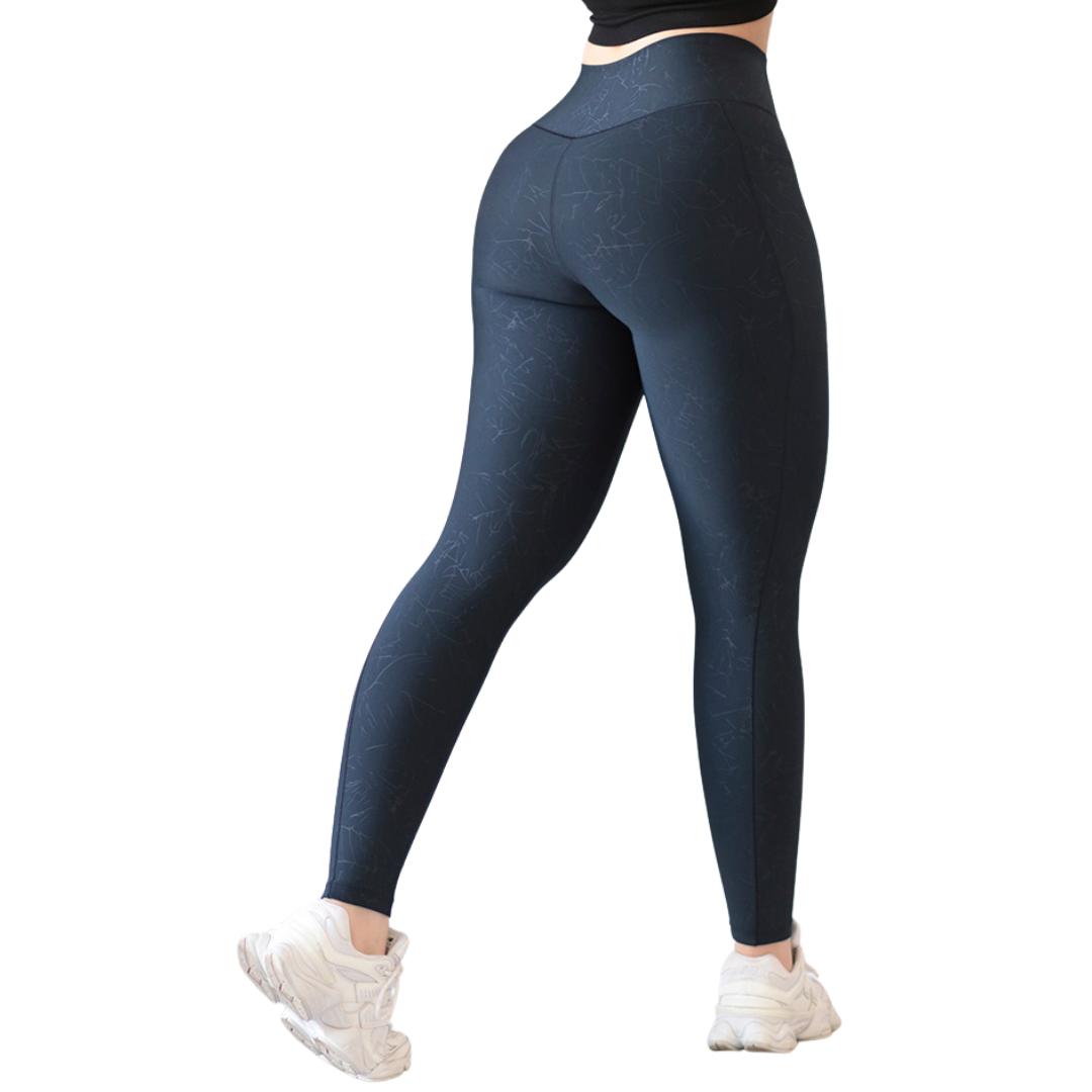 Leggings Deportivos para Mujer Fitness: Efecto Básico, Cintura Alta, Con Bolsillos Laterales, Textil Lycra Transpirable con Relieves Rayos,  Color Azul Obscuro | Adriana Olimpo