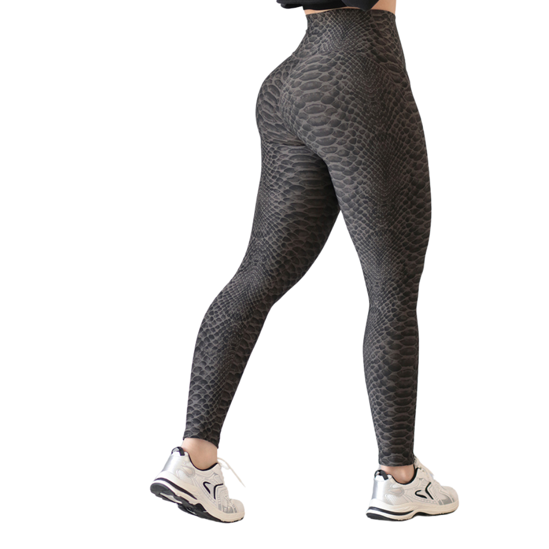 Leggings Deportivos para Mujer Fitness: Efecto Basico, Cintura Alta, Textil Lycra Transpirable con Acabado Liso Reptil, Color Gris | Adriana Olimpo