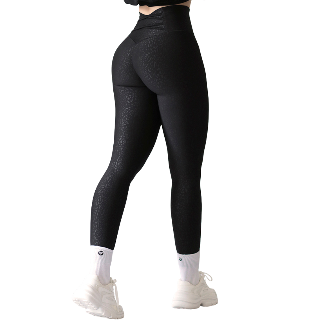 Leggings deportivos supplex para mujer, efecto push up con cintura alta, textil lycra transpirable con relieves de mini print. Color negro | Adriana Olimpo