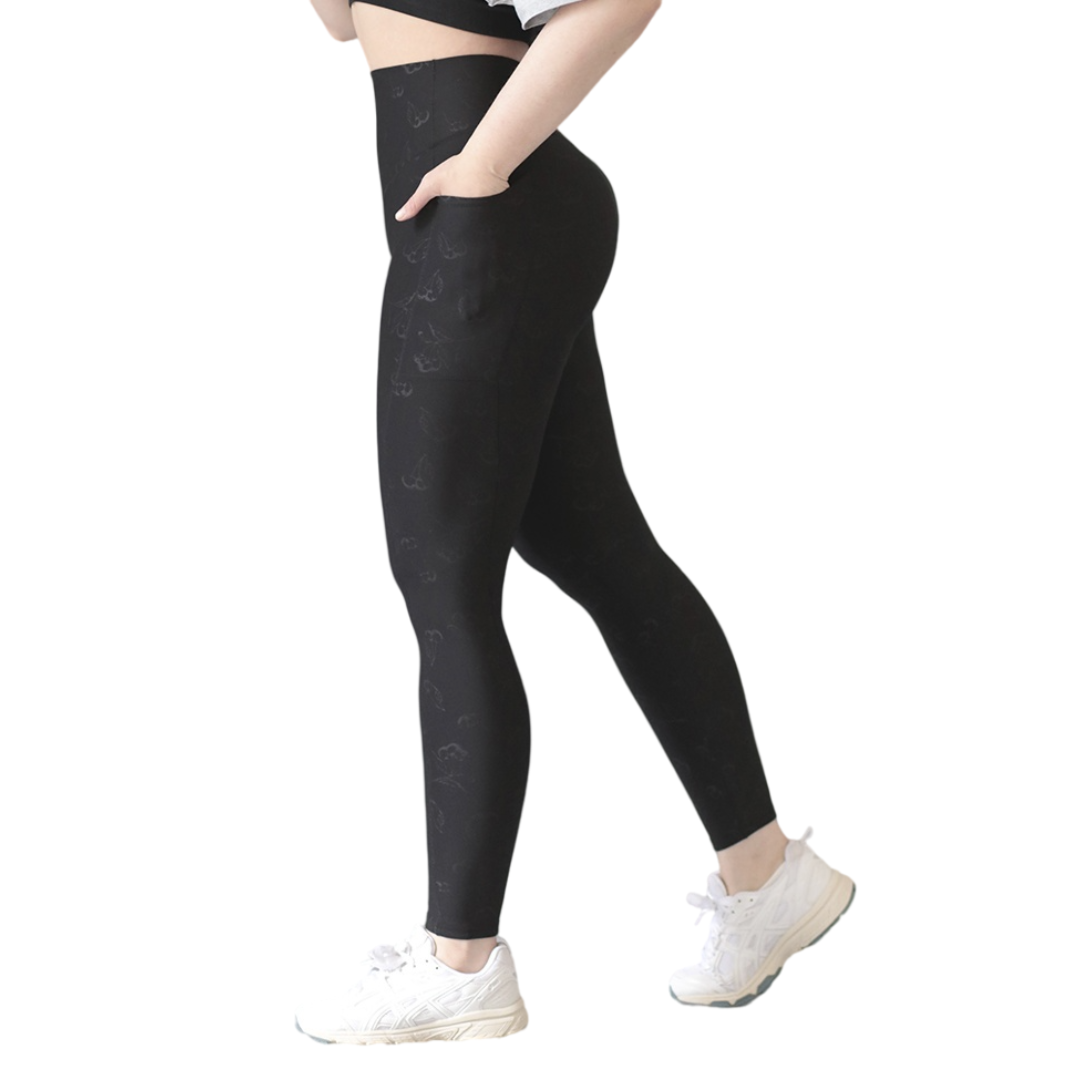 Leggings básico con bolsillos | Supplex Stretch, Relieves Flora - Negra