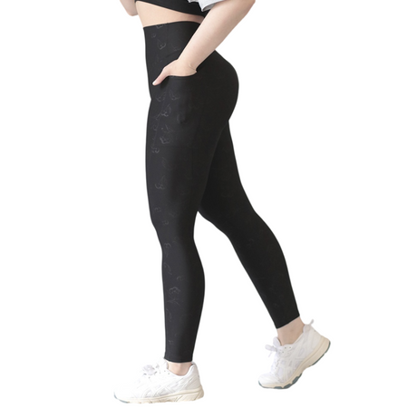 Leggings básico con bolsillos | Supplex Stretch, Relieves Flora - Negra