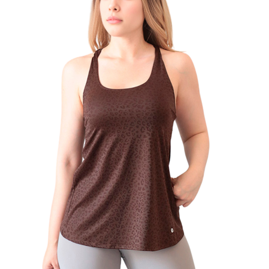 Tank Top Deportiva para Mujer Fitness: Sin Mangas,Textil Lycra Transpirable con Acabado Texturizado Print, Color Café | Adriana Olimpo.