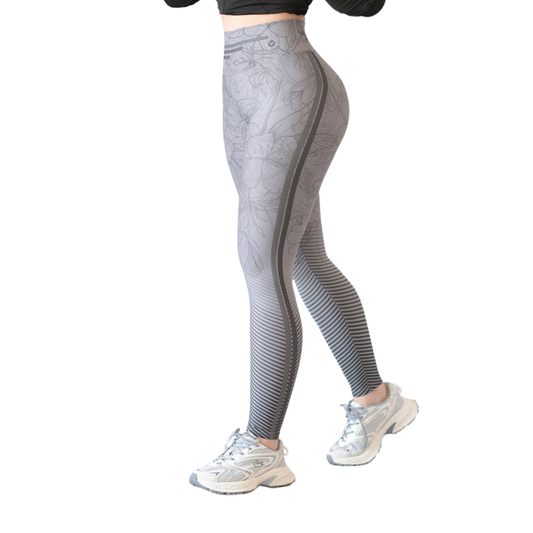 Leggings Deportivos para Mujer Fitness: Efecto Push Up, Cintura Alta, Textil Lycra Transpirable con Acabado Liso, Flores, Color Gris | Adriana Olimpo