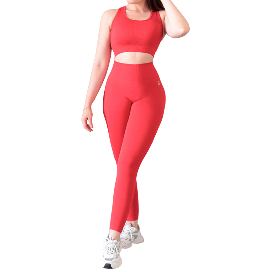 Conjunto Deportivos para Mujer Fitness: Efecto Push Up Ajuste Perfecto, Textil Tejido Transpirable Seamless, Color Rojo | Adriana Olimpo