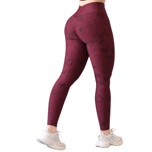 Leggings Deportivos para Mujer Fitness: Efecto Push Up, Cintura Alta, Textil Lycra Transpirable con Acabado Liso Corazón, Color Tinto | Adriana Olimpo
