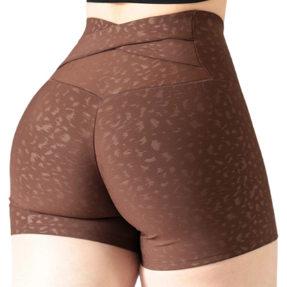 Short Mini para Mujer Fitness: Efecto Básico, Cintura Alta, Textil Lycra Transpirable con Relieve Print, Café | Adriana Olimpo
