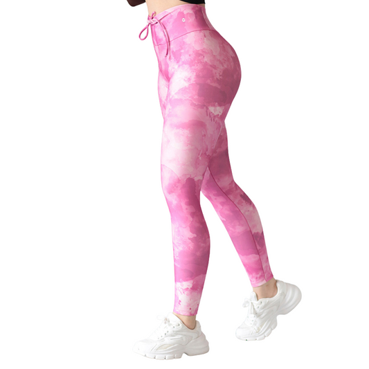 Leggings deportivos supplex para mujer, efecto push up con cintura alta, textil lycra transpirable con acabado liso tie dye. Color rosa | Adriana Olimpo