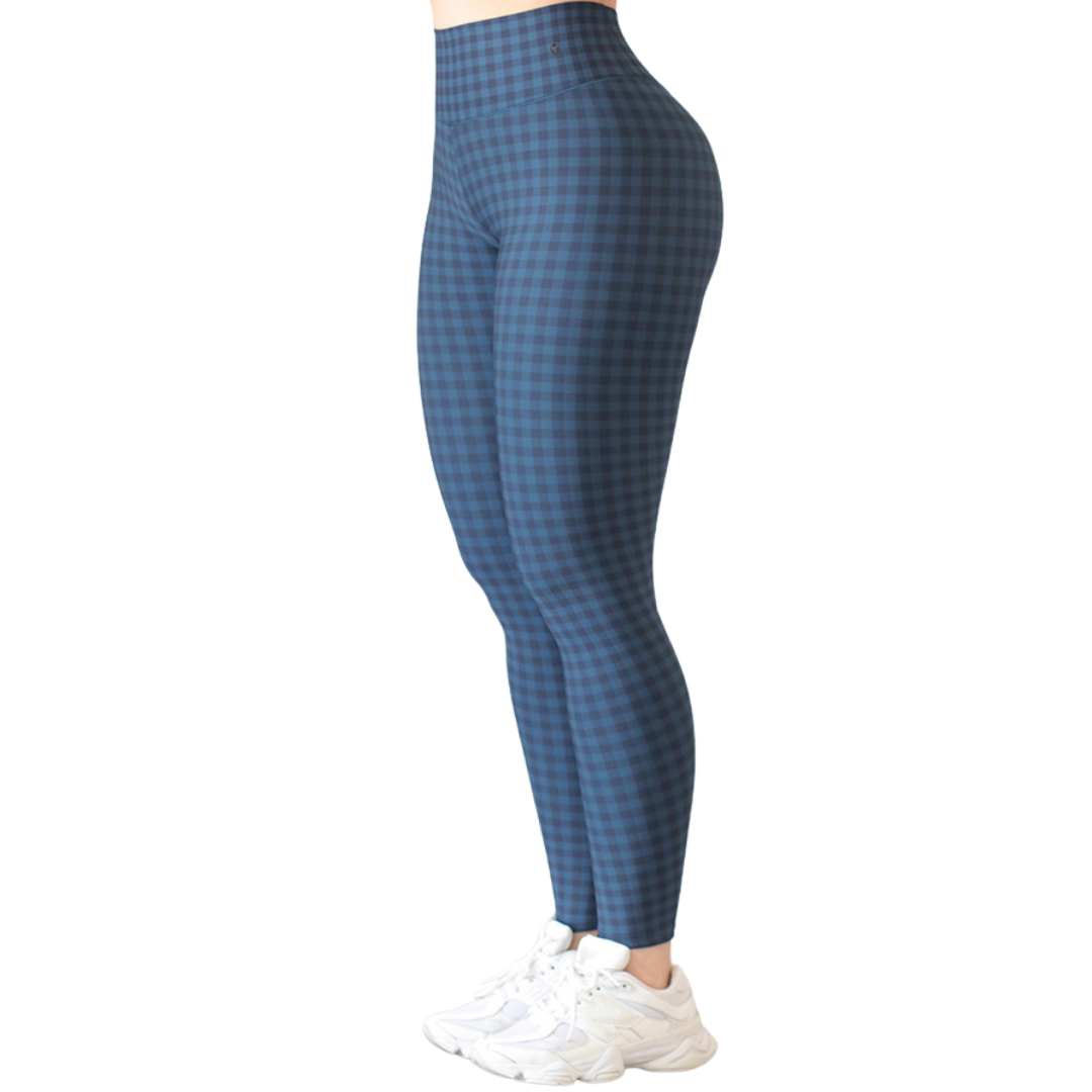 Leggings Deportivos para Mujer Fitness: Efecto Push Up, Cintura Alta, Textil Lycra Transpirable con Acabado Liso Cuadros, Color Azul | Adriana Olimpo