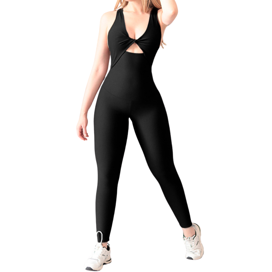 Enterizo Deportivos para Mujer Fitness: Efecto Básico, Escote Cruzado Textil Lycra Transpirable con Acabado Texturizado Lineas, Color Negro | Adriana Olimpo