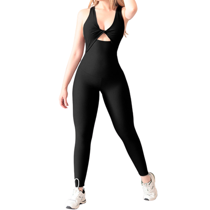 Enterizo Deportivos para Mujer Fitness: Efecto Básico, Escote Cruzado Textil Lycra Transpirable con Acabado Texturizado Lineas, Color Negro | Adriana Olimpo
