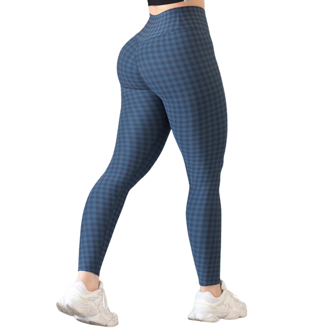 Leggings Deportivos para Mujer Fitness: Efecto Push Up, Cintura Alta, Textil Lycra Transpirable con Acabado Liso Cuadros, Color Azul | Adriana Olimpo