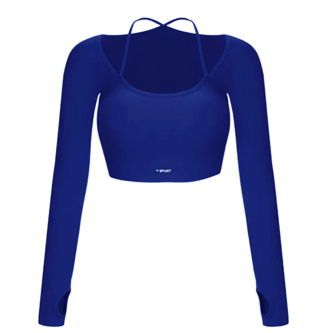 Blusa Deportiva para Mujer Fitness: Manga Larga, Textil Lycra Transpirable con Acabado de Líneas, Color Azul Rey | Adriana Olimpo.