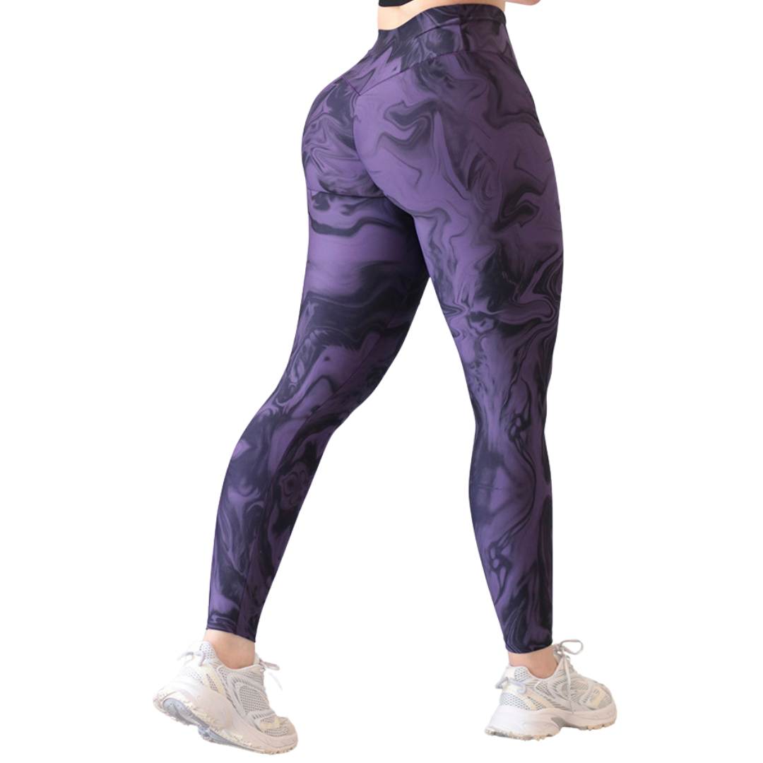 Leggings Deportivos para Mujer Fitness: Efecto Push Up, Cintura Alta, Textil Lycra Transpirable con Acabado Liso Marmoleado, Color Morado-Negro | Adriana Olimpo