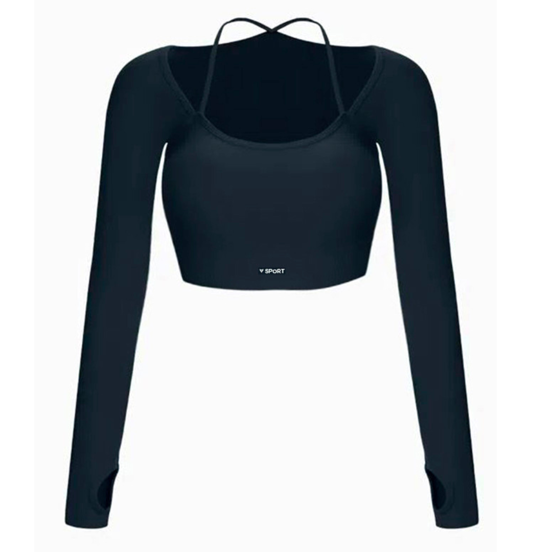 Blusa Deportiva para Mujer Fitness: Manga Larga, Textil Lycra Transpirable con Acabado de Líneas, Color Azul Profundo | Adriana Olimpo.