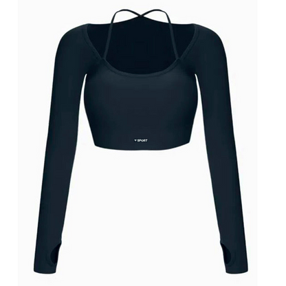 Blusa Deportiva para Mujer Fitness: Manga Larga, Textil Lycra Transpirable con Acabado de Líneas, Color Azul Profundo | Adriana Olimpo.
