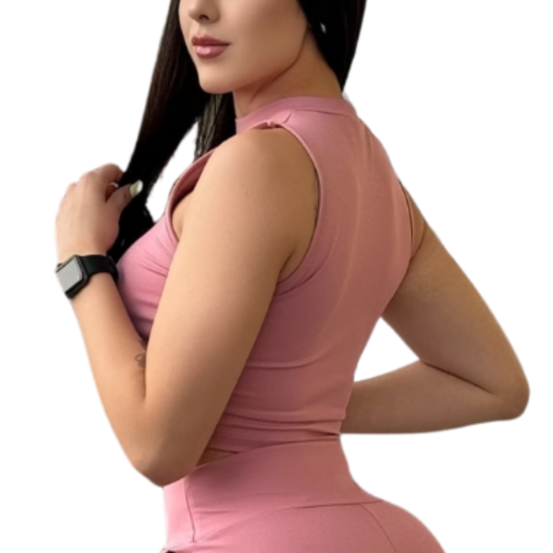 Blusa para Mujer Fitness: Sin Manga, Cuello Redondo, Textil Lycra Transpirable Acabado Liso, Color Rosa | Adriana Olimpo