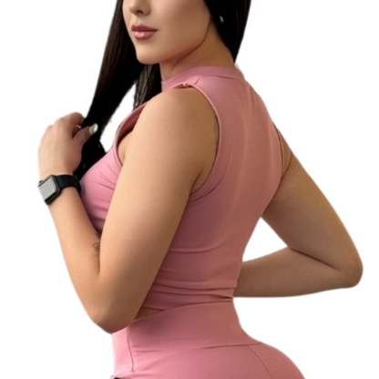 Blusa para Mujer Fitness: Sin Manga, Cuello Redondo, Textil Lycra Transpirable Acabado Liso, Color Rosa | Adriana Olimpo