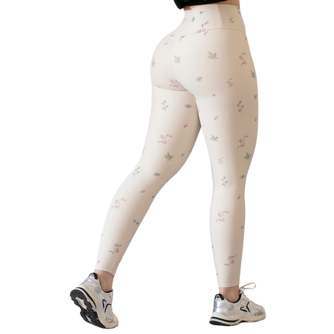 Leggings Deportivos para Mujer Fitness:  Efecto Básico, Cintura Alta, Textil Lycra Transpirable con Relieves Lineas, Color Beige Florecitas  | Adriana Olimpo