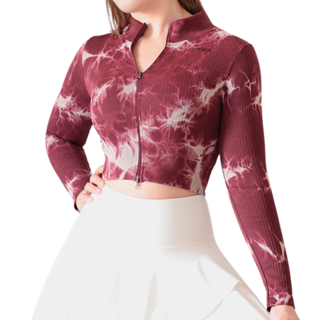 Blusa Deportiva para Mujer Fitness: Manga Larga, Textil Lycra Transpirable con Acabado Texturizado con Relieves Lineas, Color Tinto | Adriana Olimpo
