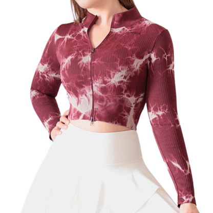 Blusa Deportiva para Mujer Fitness: Manga Larga, Textil Lycra Transpirable con Acabado Texturizado con Relieves Lineas, Color Tinto | Adriana Olimpo
