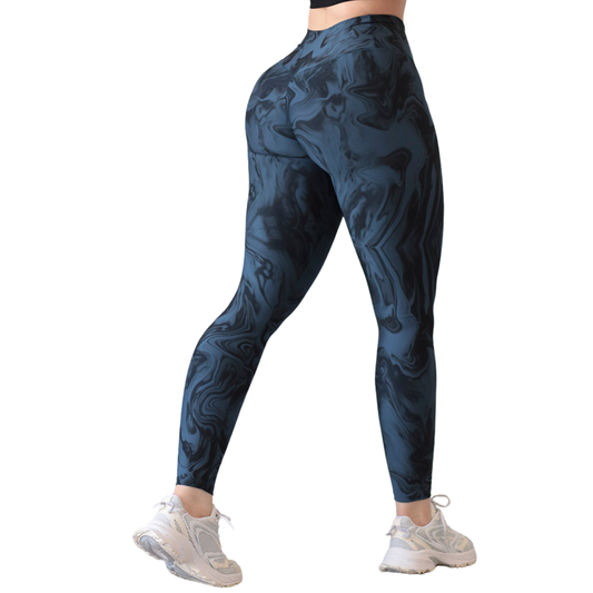 Leggings Deportivos para Mujer Fitness: Efecto Push Up, Cintura Alta, Textil Lycra Transpirable con Acabado Liso Marmoleado, Color Azul-Negro | Adriana Olimpo
