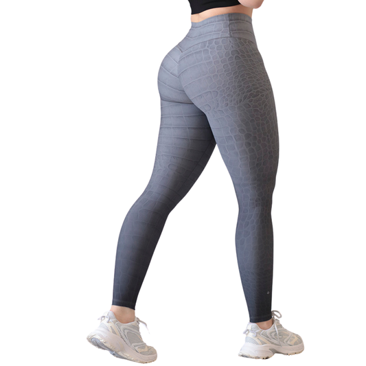 Leggings Deportivos Suplex para Mujer Fitness: Efecto Push Up, Cintura Alta, Textil Lycra Transpirable con Acabado Liso Reptil, Color Gris Degradado | Adriana Olimpo